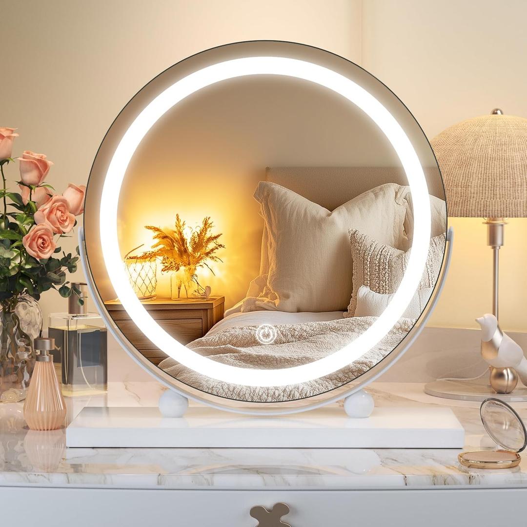 Hasipu Vanity Mirror with Lights, 11 in LED Makeup Mirror, Lighted Makeup Mirror with Lights, Smart Touch Control 3 Colors Dimmable Round Mirror 360Rotation White