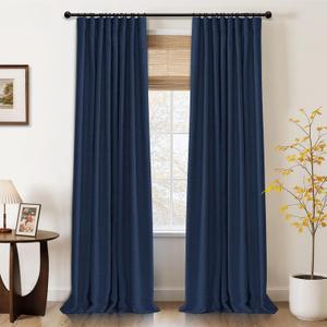 100% Blackout Shield Full Blackout Curtains for Bedroom 96 inch Length 2 Panels Set, Clip Rings/Rod Pocket Faux Linen Black Out Curtains for Living Room, Thermal Insulated, 50Wx96L, Midnight Blue