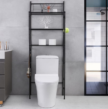 3-Tier Bathroom Over The Toilet Storage Rack Free Standing Metal Frame Shelf Organizer, with 4-Hooks, Black