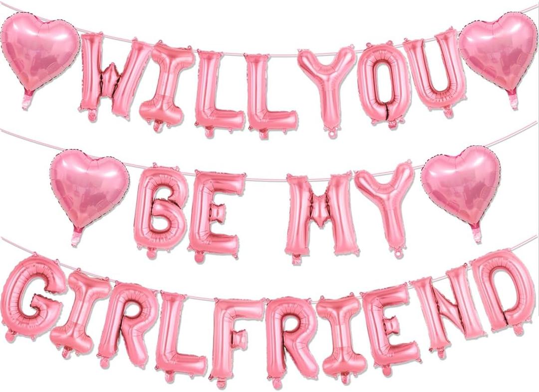 3 x Will You Be My Girlfriend Balloons-16 Inch Pink Foil Letters Balloon 18 inch Heart Balloon Valentines Day Balloons for Wedding Engagements Proposals party Decorations