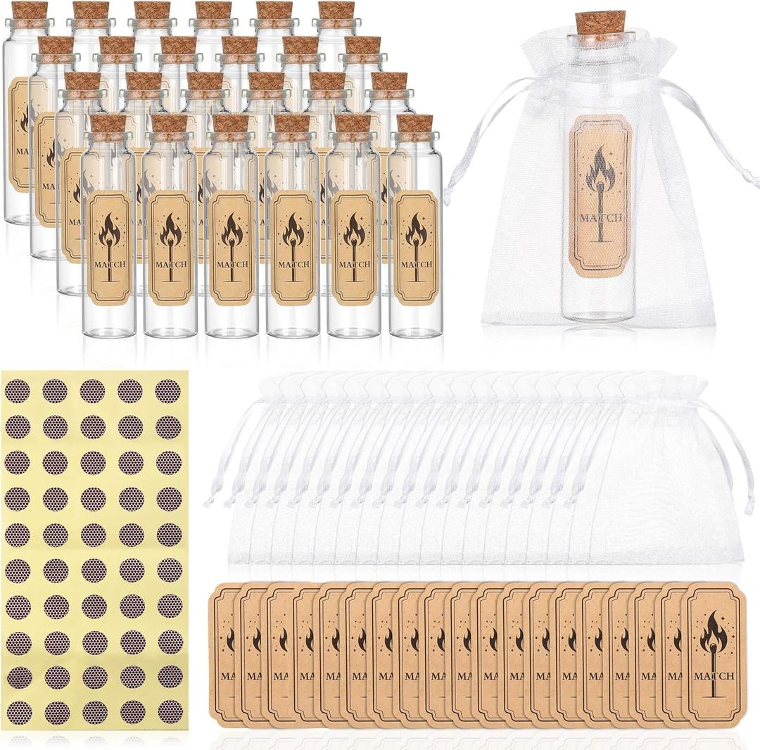 24 Set Wedding Match Holders Bulk,Match Striker Sticker Empty Glass Match Jars with Cork Top, Small Glass Bottles for DIY Organza Matches Favor Bridal Shower Party Supplies Guests Gift