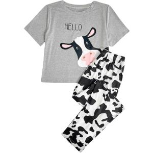 WDIRARA Women's Graphic Print Sleepwear Round Neck Short Sleeve Tee and Pants Pajamas Set (Large, Multicolor Cow)