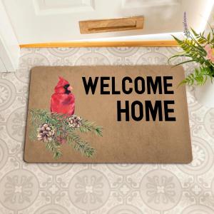 Funny Welcome Doormat Welcome Home Cardinal Red Bird Design Front Porch Patio Decor Outside Entrance Mats With Anti-Slip Rubber Back Novelty House Warming Gift Mat for Front Door (23.7 X 15.9 in)