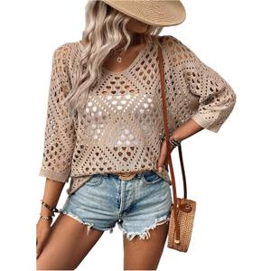 BEAUDRM Women's Crochet Tops 3/4 Sleeve Summer Sweater Cover Up Beach Vacation Outfits