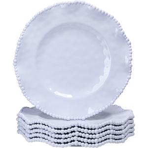 White Beaded Melamine 11 Inch Dinner Plates,Set of 6, Elegant Scalloped Pearl Serving Dishes plate, Unbreakable Dinnerware Dessert/Salad Plates, Dishwasher safe