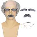 Grey Old Man Wig and Glasses Mustache Eyebrows Grandpa Funny Short Wavy Balding Cap Wigs