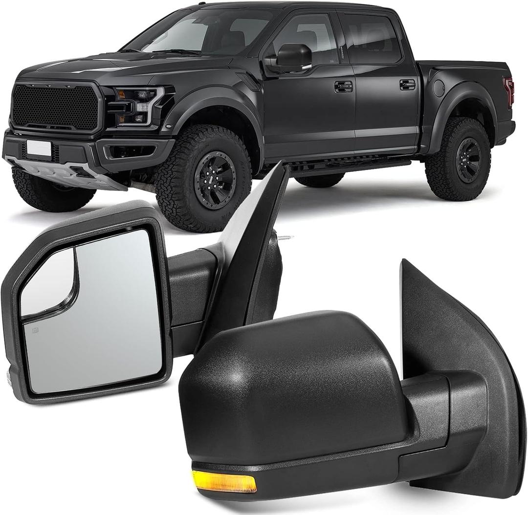 OCPTY Tow Mirrors Power Heated Left Driver Right Passenger Side Towing Mirrors Fit For 2015-2019 For Ford For F150 Pickup Truck With Turn Signal Light With Black Housing Manual Folding