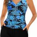 Arolina 2025 Women's Tankini Swimsuits with Pockets Tummy Control Two Piece Bathing Suits with Boy Shorts (Medium, Black Blue Leaves)