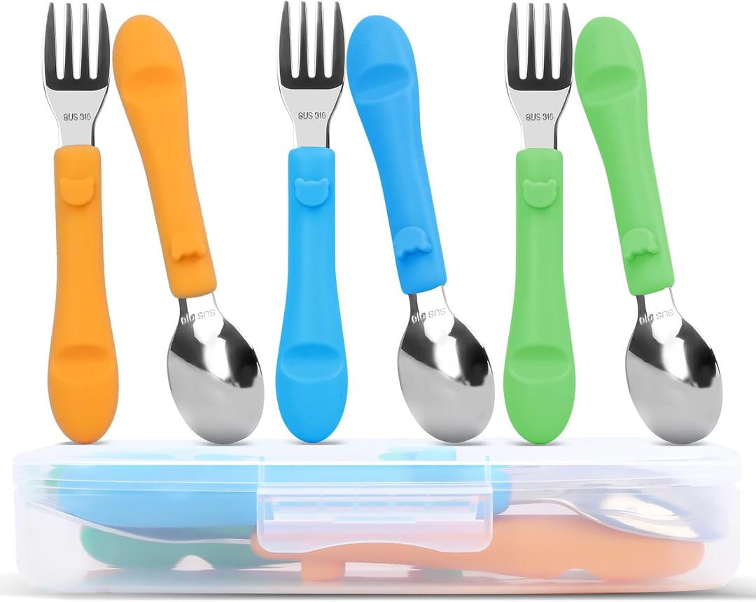 6PCS Toddler Utensils, 316 Stainless Steel Baby Safe Forks + Spoons with Silicone Handle, BPA Free Dishwasher Safe Kids Silverware Cutlery with Box, Bright Orange/Blue/Green (2 Piece Set (Fork, Spoon) - Set of 3)