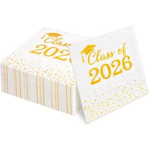 Graduation Decorations 100 PCS Class of 2026 Graduation Napkins Disposable Fancy Cute Gold White Polka Dot Cocktail Napkin Congrats Grad Tea Party Favors Supplies Plates Table Decor Dessert Cookies