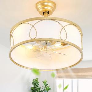 18" Gold Fandelier Ceiling Fan with Light, Mid-Century Modern Caged Ceiling Fans with Lights Remote Control, Fabric Boho Chandelier with 6 Speeds forBedroom, Nursery,Living Room