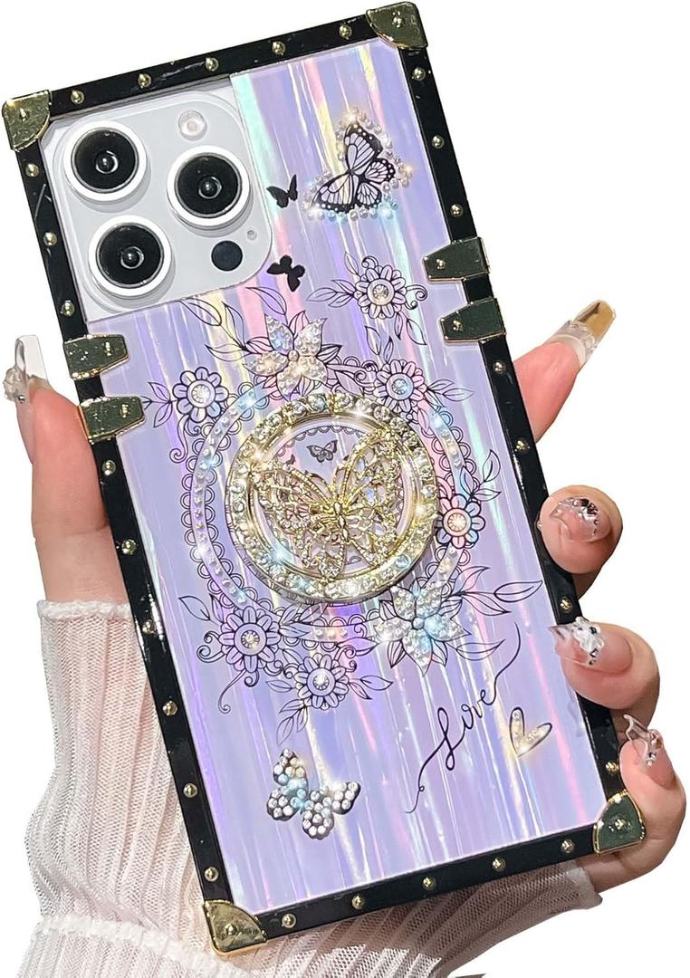 Cute Bling Compatible with iPhone 16 Pro Max Case,Luxury Glitter Cover with Sparkly Rhinestones Butterfly Foldable Stand Kickstand,Soft PC Bumper Protective Cover for Women & Girls(Purple)