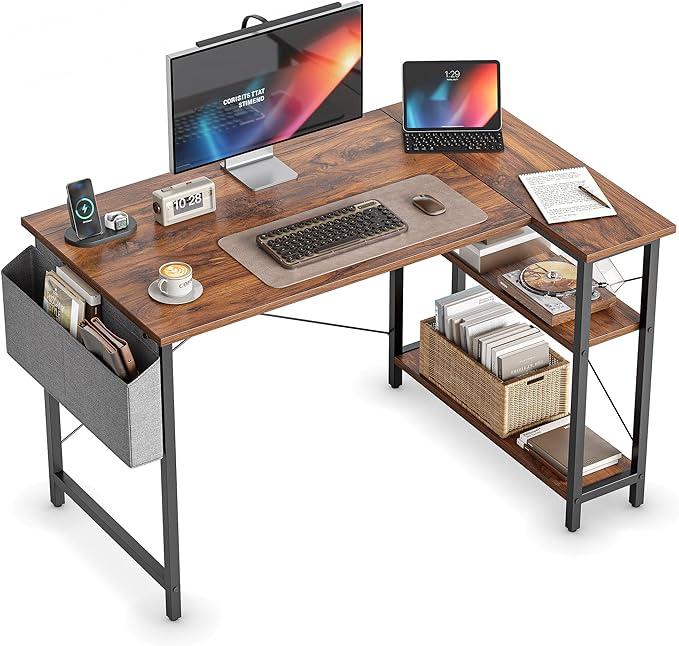 CubiCubi L Shaped Desk, 40" Computer Desk with Reversible Storage Shelves Home Office Corner Desk Study Writing Gaming Table, Brown