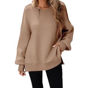 SunnyMelody Womens Oversized Batwing Sweater Fall 2025 Crew Neck Pullover Knit Tops - Outside Seam, High-Low Hem, Side Slit (Size Medium, Dusty Almond)