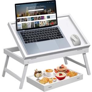 Bamboo Bed Tray Table,Breakfast Trays with Folding Legs,Kitchen Serving Tray for Sofa,Eating and Working,Used As Laptop Desk Snack Tray,White