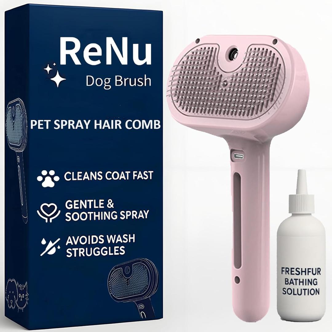 Renu Dog Brush  3in1 SelfCleaning Steamy Pet Brush for Dogs & Cats, Fresh Fur Shower Brush That Removes Loose Hair, Reduces Shedding, Grooming Tool for Long & Short Hair, Wet or Dry Use (Pink)