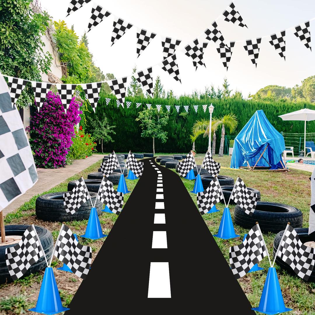 Racing Cars Birthday Decorations - Racecar Centerpiece Decoration Kit for Kids - (12) Orange Traffic Cones, (24) Checkered Flags, Plastic Tablecloth (54"x108") Birthday Banner Race Car Theme (38pcs)