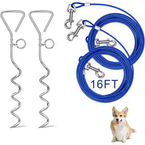 Relux Dog Tie Out Cable and Stake,16 Inch Heavy Duty Dog Anchor Spiral Stake for Small to Medium Dogs (Blue-16FT 2Pack)