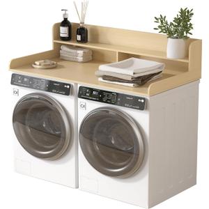 Piskyet Washer Dryer Countertop,2- Tier Laundry Countertop with Edge Rails,27.5" Depth x 54" Wood Countertop,Laundry Machine Topper for Laundry Room Organization and Storage(Natural Wood Color)