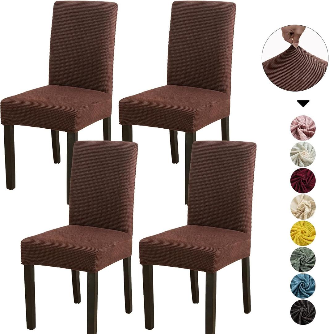 Qubjus Dining Room Chair Covers, Chair Covers Sets of 4 Kitchen Chair Slipcovers Stretch Washable Decorative Seat Protector, Brown