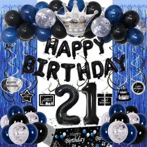 21st Birthday Decorations for Him Her, Blue Black Happy 21 Birthday Decorations for Men Women 21 Year Old Birthday Balloons Banner, Tablecloth, Fringe Curtains Hanging Swirls 21st Bday Party Decor