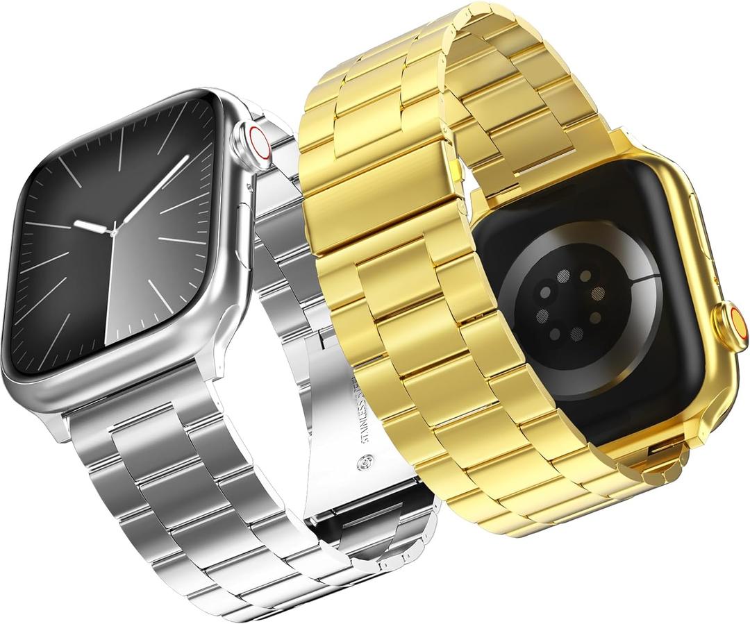 2 Pack Compatible for Apple Watch Band 49mm 46mm 45mm 44mm 42mm, Rugged Stainless Steel Replacement Strap Metal Bands for iWatch Ultra 2/1 Series 10/9/8/7/6/5/4/3/2/1/SE/SE2 Women Men (Silver+Gold)