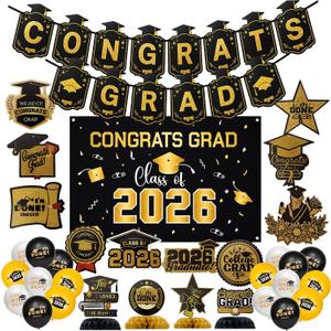 Culaluva Graduation Decorations 2026 Set: College & High School Graduation Party Supplies - Black & Gold Party Decor Sets with Class of 2026 Congrats, Grad Banner Backdrop, Balloons, Streamers Kit