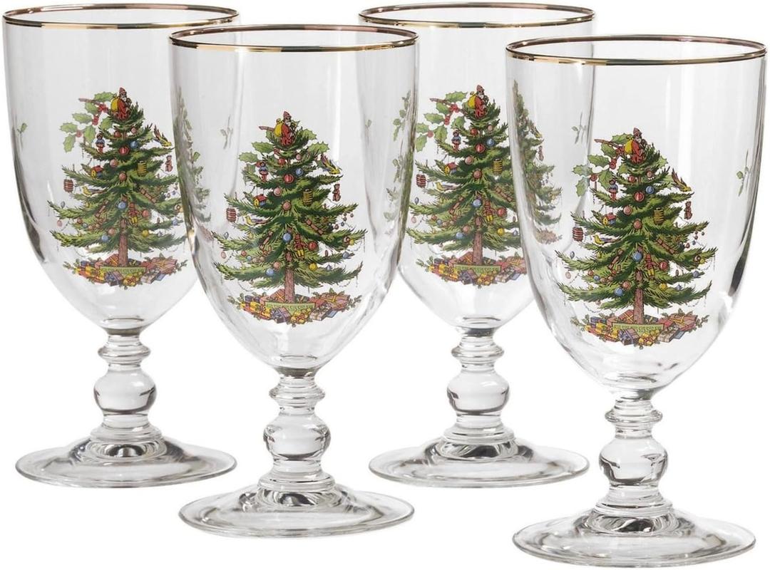 Spode Christmas Tree Gold 16oz Pedestal Goblets (Set of 4) - Gold Rimmed Glasses, Festive Holiday Drinkware for Christmas Dinner, Wedding Gifts - Holiday Glassware for Cocktails & Martinis