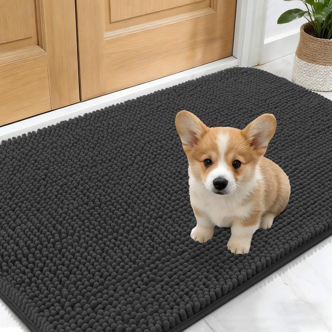OLANLY Dog Door Mat for Muddy Paws 30x17, Absorbs Moisture and Dirt, Absorbent Non-Slip Washable Doormat, Quick Dry Chenille Mud Mat for Dogs, Entry Indoor Entryway Carpet for Inside Floor, Dark Grey