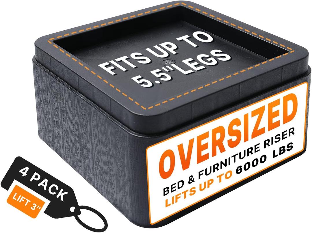 Bed Risers, Oversized Furniture Risers Fit Up to 5.5" Legs, 3 inch Raise Blocks for Bed Couch Desk Sofa Table Lifts, Furniture Legs Lifters Support up to 6000 Lbs (Black, 4 Pack Set)
