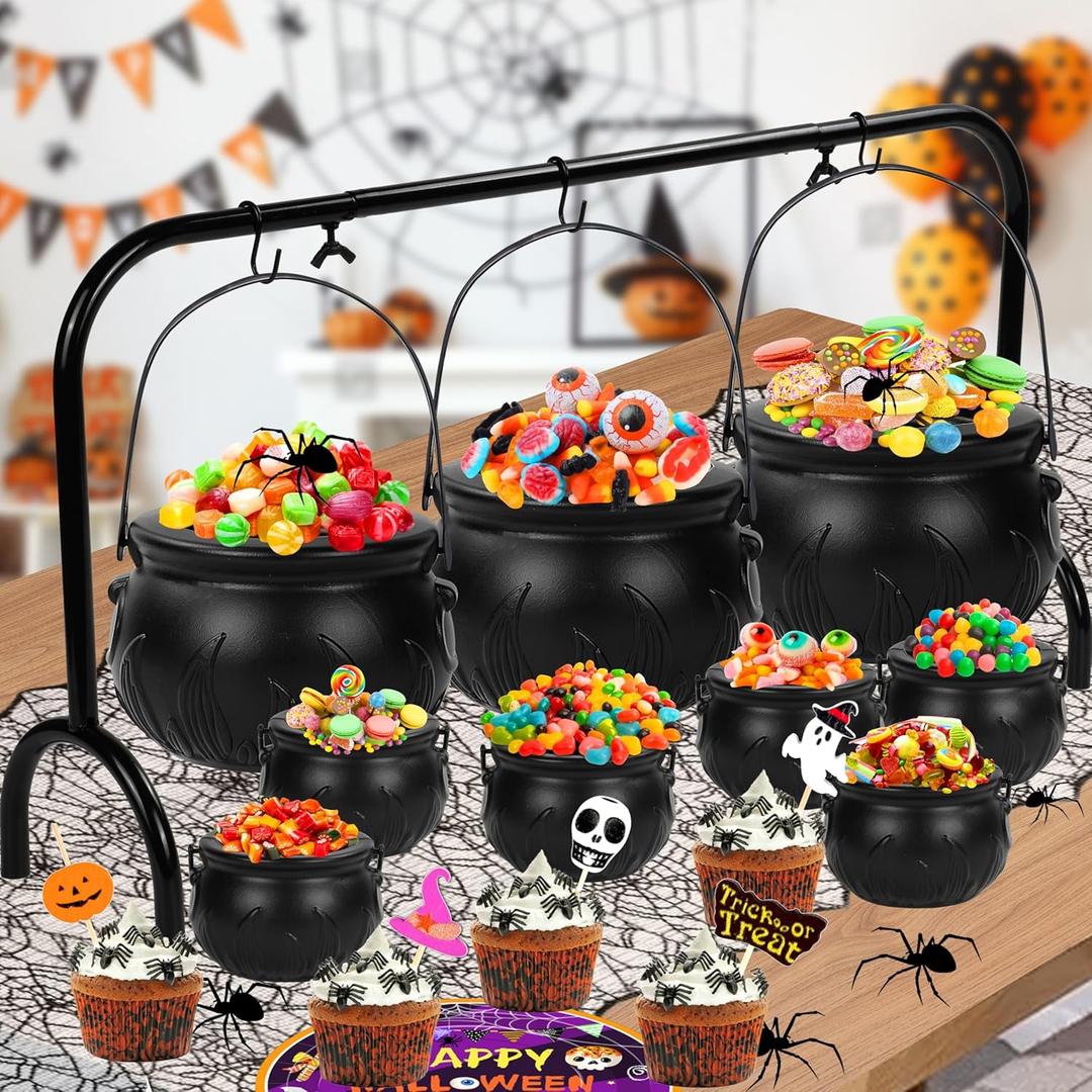 Palonu 9 Pcs Witches Cauldrons Serving Bowls on Rack, Black Plastic Witches Cauldron with Halloween Cake Topper Kitchen Table Holiday Decoration Halloween Indoor Outdoor Party Decor