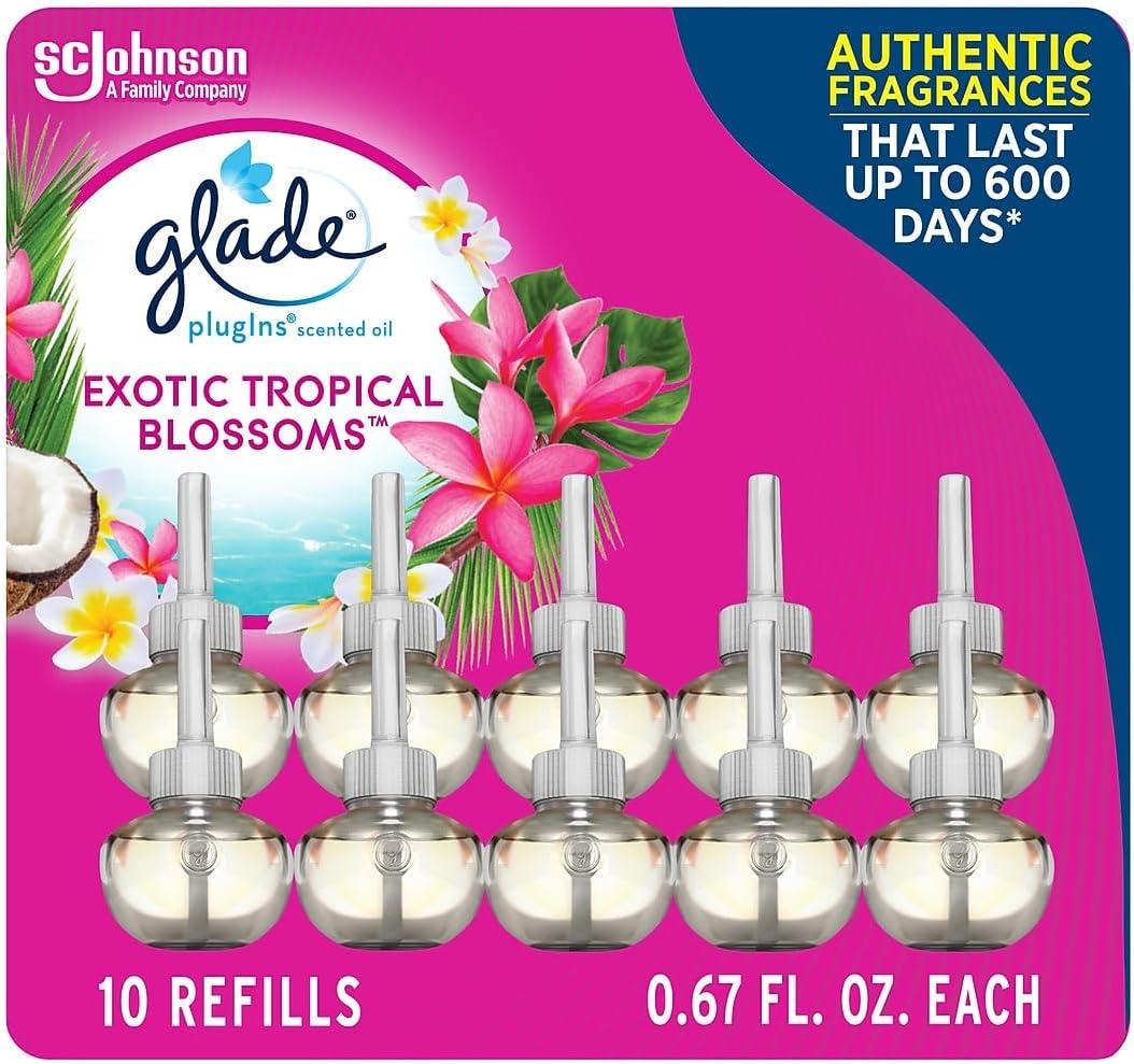 Glade PlugIns Scented Oil 10 Refills, Air Freshener, Exotic Tropical Blossoms, 10 x 0.67 oz, Packaging May Vary