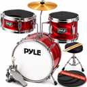 Pyle Kids Drum Set, 3 Piece Beginner Junior Drummer Kit with 13" Bass Drum, Snare, Tom, Cymbal, Adjustable Throne, Mutes, Drumsticks, Red