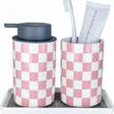 Pink Toothbrush Holder and Soap Dispenser Set, Ceramic Bathroom Accessory Set, Girly Bathroom Accessories Sets, Modern Cute Bath Room Decor for Girls Women-Checkered Pattern