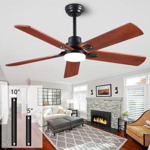 52 Inch Wood Ceiling Fan with Light and Remote, Quiet Reversible DC Motor, 5 Blade Walnut, 6 Speed, Indoor/Outdoor Ceiling Fans for Patio, Dining Room,Living Room and Farmhouse