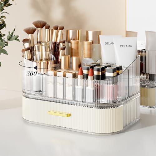 Delamu Makeup Organizer for Vanity with Stackable Drawers, 360 Rotating Makeup Brush Holder Large Cosmetic Display Case for Dresser, Bathroom Countertop Skincare Organizers and Storage, Elegant White Delamu Makeup Organizer for Vanity with Stackable Drawers, 360 Rotating Makeup Brush Holder Large Cosmetic Display Case for Dresser, Bathroom Countertop Skincare Organizers and Storage, Elegant White