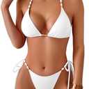 swimall Women's Thong Bikini Set High Cut Triangle Swimsuit Beads Tie Side Sexy Two Piece Bathing Suit - 505 - White - Medium