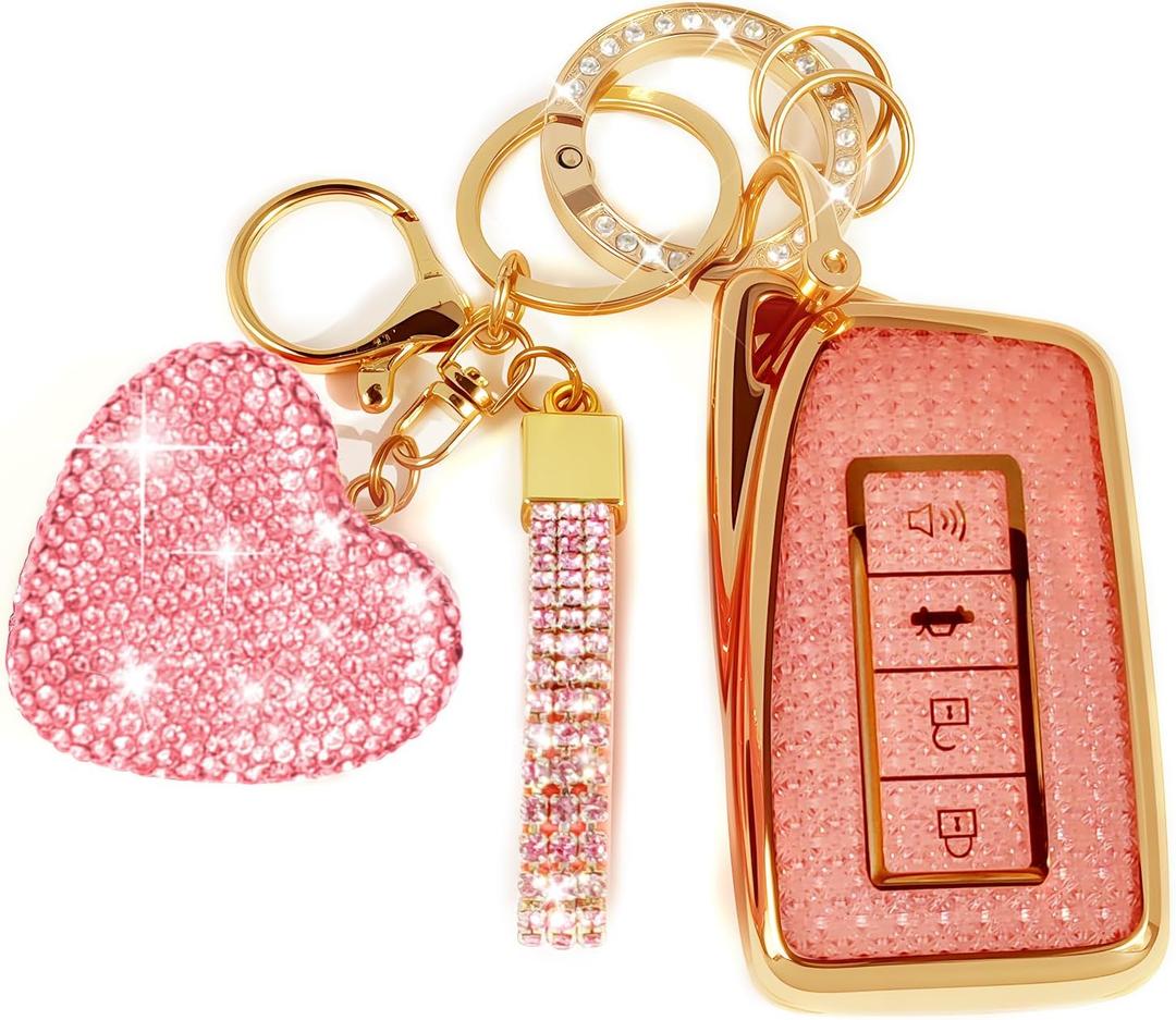 Key Fob Cover with Diamond Bling Keychain, Compatible with Lexus RX ES GS NX RS LX RC LC IS RCF Series 2013-2021 etc, TPU Smart Key Case and Rhinestone Heart for Women (Pink)