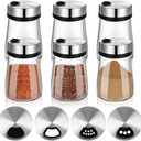 6 Pcs Salt Pepper Shakers Set with Adjustable Pour Holes Stainless Steel Spice Dispenser 6oz Clear Glass Seasoning Containers for Kitchen Restaurant Home BBQ Camping Farmhouse Accessories