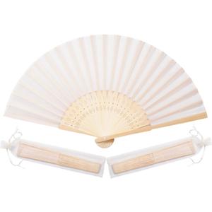 50pcs Cream-Coloured Imitated Silk Fabric Bamboo Folded Hand Fan Bridal Dancing Props Church Wedding Party Favors with Organza Bags