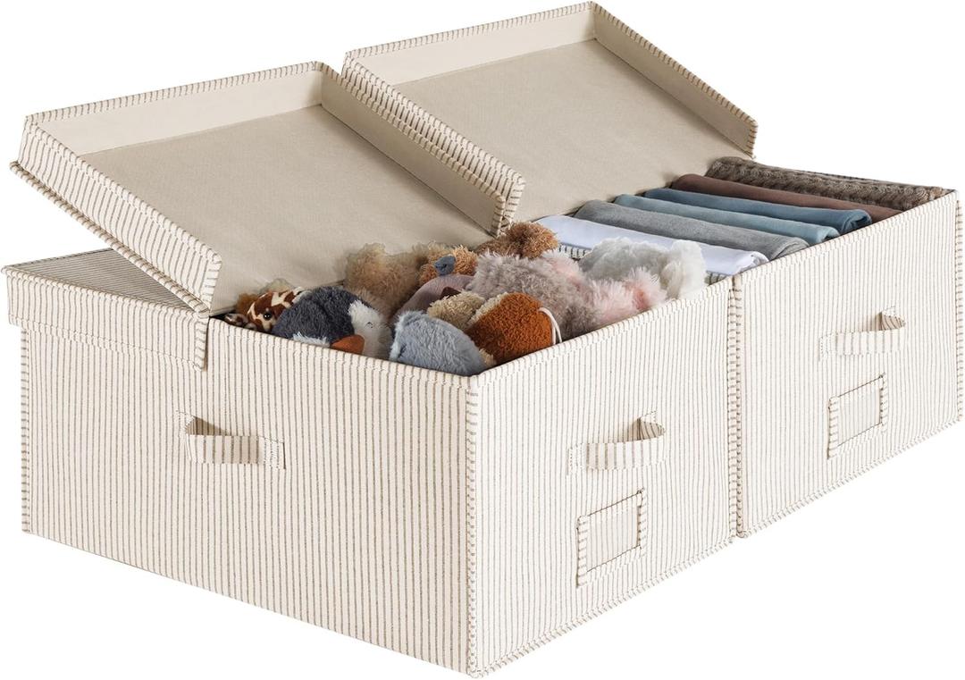 StorageWorks Extra Large Storage Bins with Lids, 55L Decorative Organizer with Divider Board, Fabric Boxes with Handles, Khaki and Beige Stripes, 2-Pack (Jumbo)