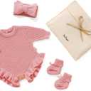 Avibae Cotton Newborns Set with Knit Sweater, Hair Band, Booties for Baby Girls, Warm Cute Infant 3 Piece Set (Pink, 0-1M)