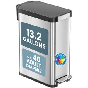 Patented 13 Gallon STEP Adult Diaper Pail, Fits Kitchen Bags, Odor Filter Trash Can Large 40+ Diapers Capacity, No Refills Needed, Incontinence Underwear Nursery Diapers ADA Compliant, Stainless Steel
