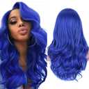 Fancy Hair Long Blue Wavy Wigs for Women Curly Middle Part Blue Wig Natural Looking Synthetic Heat Resistant Fiber Wigs Hair for Daily Party Use (Dark Blue)