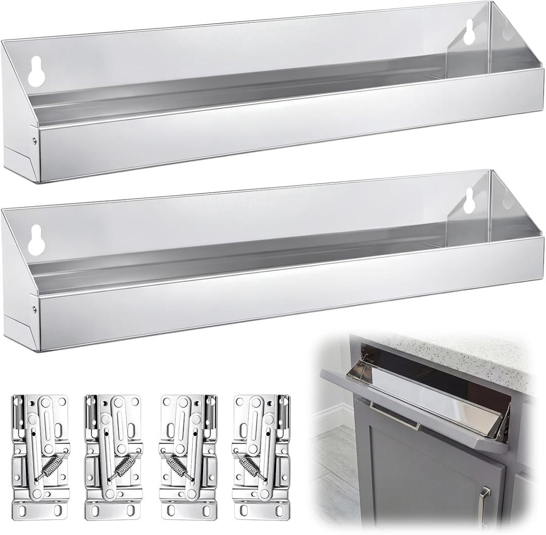 2 Set 16 Inch Stainless Steel Sink Drawer Tip Out Tray Kit Include Tip-Out Sink Trays and Hinges Large Pull Out Storage Organizer for Kitchen Bathroom Base Cabinets