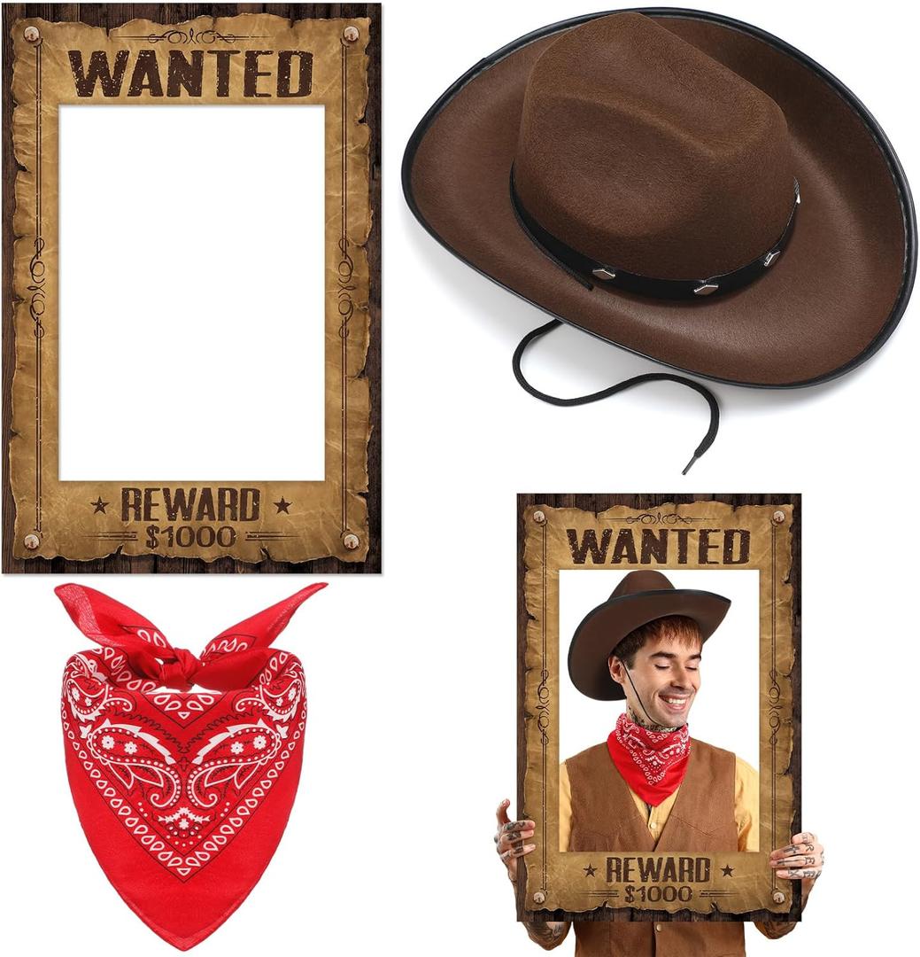 3 Pcs Western Cowboy Party Decorations Include 1 Western Wanted Photo Fun Frame, 1 Studded Cowboy Hat, 1 Square Scarf for Women Men Adult, West Rustic Party Accessories