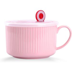 WHJY 30oz Ceramic Bowl with Lid and Handle for Soup and Instant Noodles Mug, Modern Simple Style, with Heat Preservation Handle - Pink