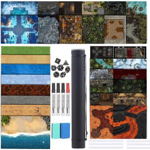 DND Map 32 Terrain 24 x 36",17 x 17",13 x 17" Double Sidedv Grids Dry Erase Battle Mats for Dungeons & Dragons Game with Dice Set,Clips,Eraser,Markers