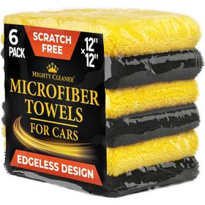 Super Soft Microfiber Towels for Cars - Edgeless - 6pk (12x12) - Premium Scratch-Free Towel - Great for Drying, Detailing, Polishing, Buffing - Ultra Absorbent Microfiber Cleaning Cloths for Car (Black and Yellow)