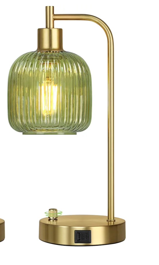 QiMH Industrial Table Lamp for Bedroom  Green Glass Beside Lamp with USB A&C Ports, Stepless Dimmable Gold Lamps, Nightstand Lamps for Living Room, Office, Home Decor(Bulb Included)